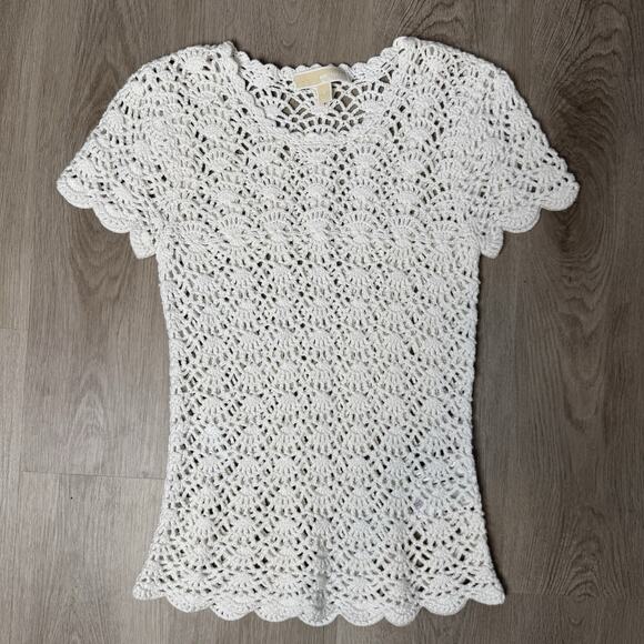 Michael Kors Woman Knitted Crochet Short Sleeve Top White Size Small - Picture 2 of 8